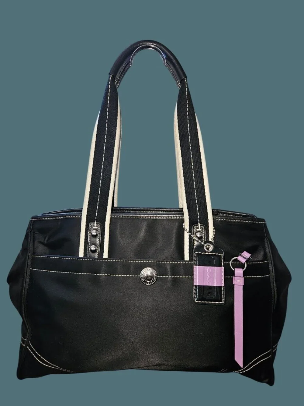 Coach Black Hamptons Weekend Nylon Side Cinched Snap Shoulder Tote Bag Travel